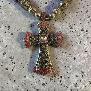 ✨ Ornate Cross Statement Necklace Silver Red Rhinestones Adjustable Chain